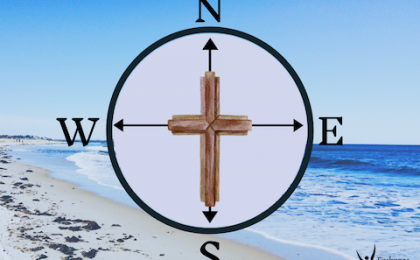 Go ahead and chase after God, cross and compass superimposed on a beach