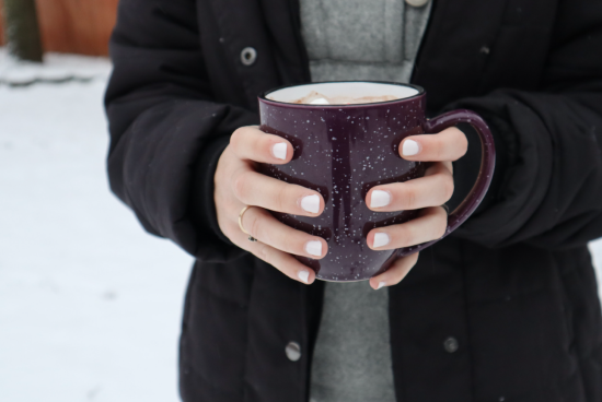 stop, look, and listen, a girl holding a mug of hot chocolate